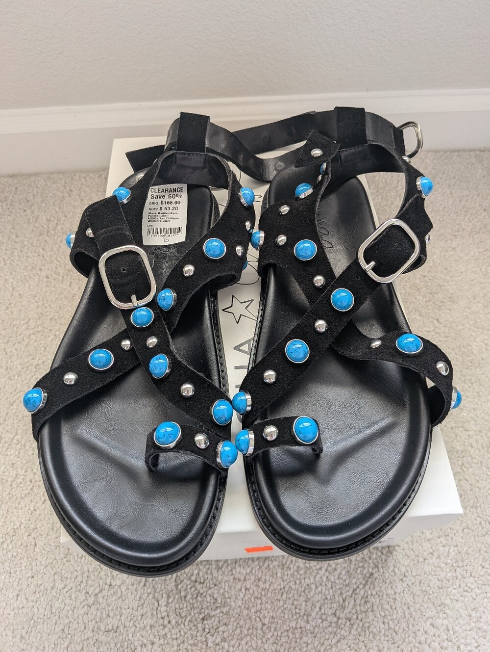Aqua By Ava Philippe Black Suede Sandals with Turquoise Studs. New In The Box